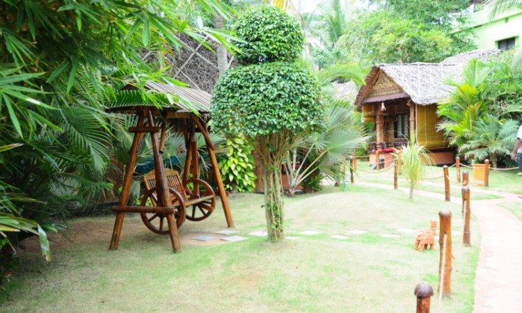 Wooden artefacts amidst greenery Wooden artefacts amidst greenery